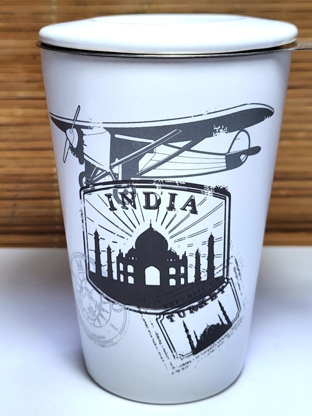 Retired Davids Tea India Passport Perfect Mug Travel Plane Ceramic Lid 12oz